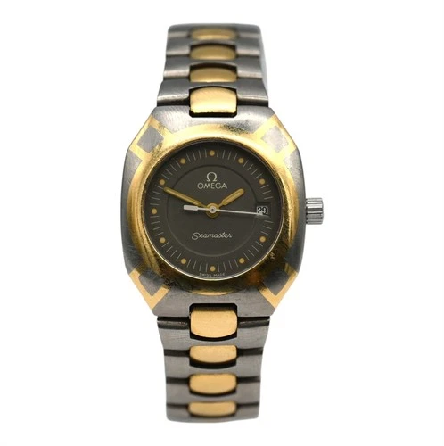 LADIES OMEGA SEAMASTER DATE QUARTZ WRISTWATCH TWO TONE TITANIUM GOLD PLATE