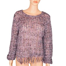 Ruby Rd Open Knit Fringed Sweater Boho Revival Modern Boho Oversized LG Purple