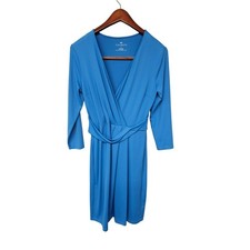 Talbots Faux Wrap Dress Size Small Empire Waist V Neck Blue Nylon Stretch