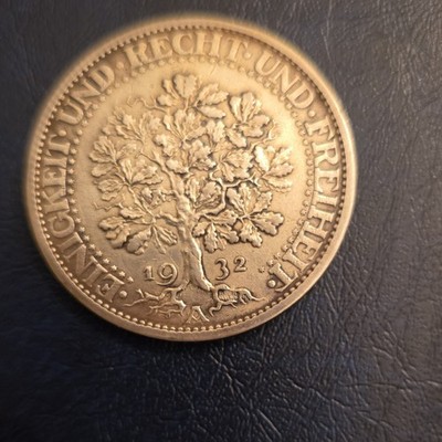 1932 Germany Weimar Republic 5 Reichsmark Oak Tree Coin Uncertified BN