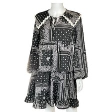 Bandana Print Dress Tie Neck Ruffle Trim Tiered Long Sleeve Mini Casual