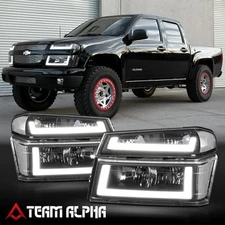 Fits 2004-2012 Chevy Colorado {DUAL LED U-BAR} Black/Clear Headlight+Signal Lamp