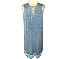 MICHAEL KORS Size XL Shift Dress Blue White Sleeveless Stretch Knit