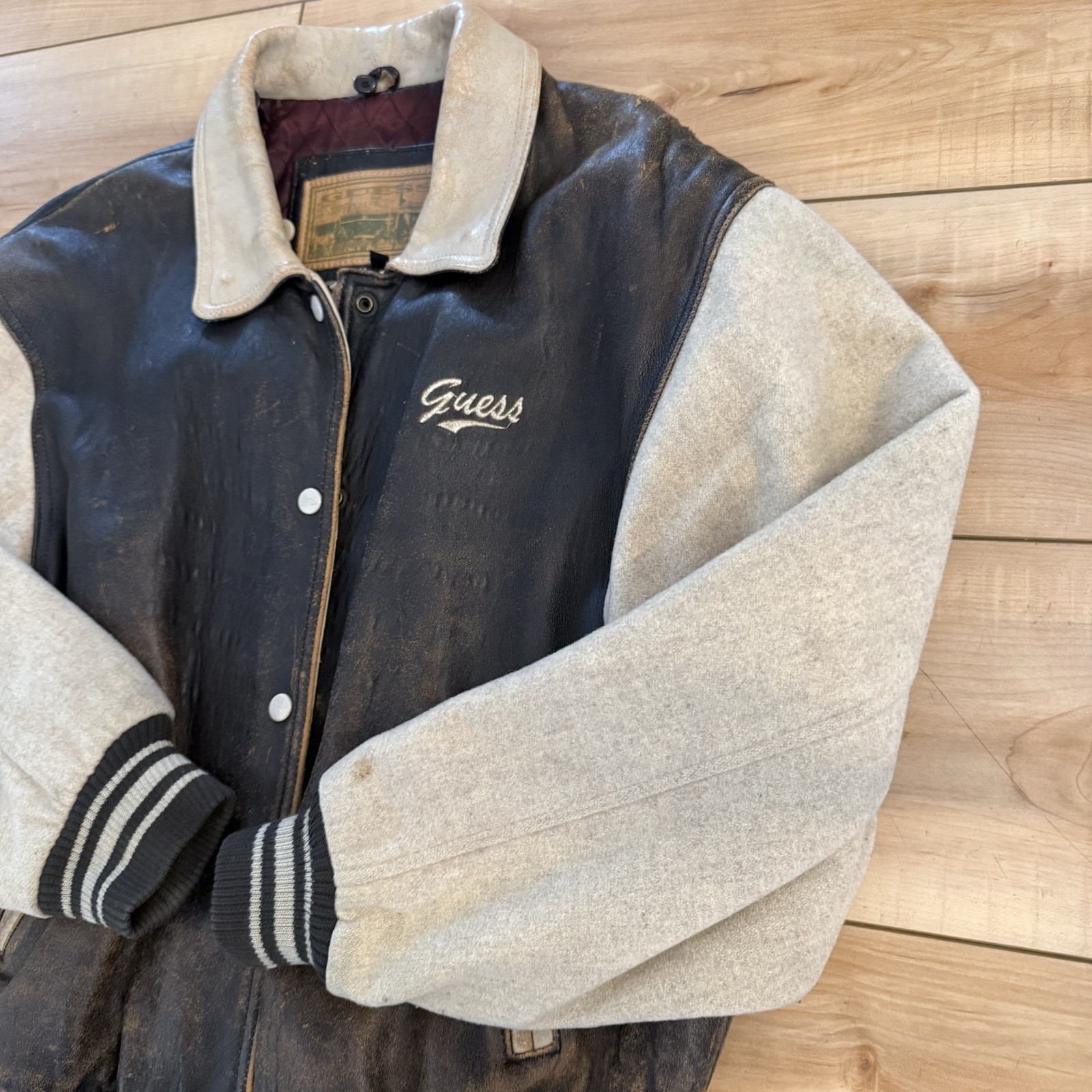 Vintage Guess Leather Bomber Varsity Jacket Men's M Embroidered Logo Red Brown image 10