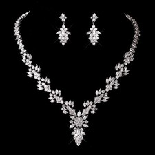 Intricate Silver CZ Marquise Stone Crystal Bridal Necklace Wedding Jewelry Set