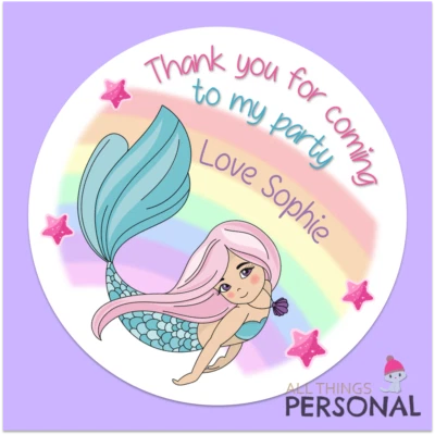 ALL THINGS PERSONAL Personalised Mermaid Birthday Stickers Thank You Party Bag Sweet Cone Seals