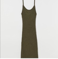 H&M Ribbed Olive Green Camisole Mid-Maxi Dress Elegant Soft Stretch Knit Size S
