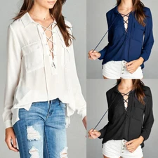 Women's Active USA Lace Up Chiffon Wool Dobby Long Sleeve Blouse Top