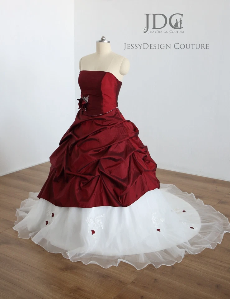 Clásico Vintage Borgoña Rojo Blanco Vestido de Novia Vestido de Novia Hecho a Medida Corsé Foto 2 de 4