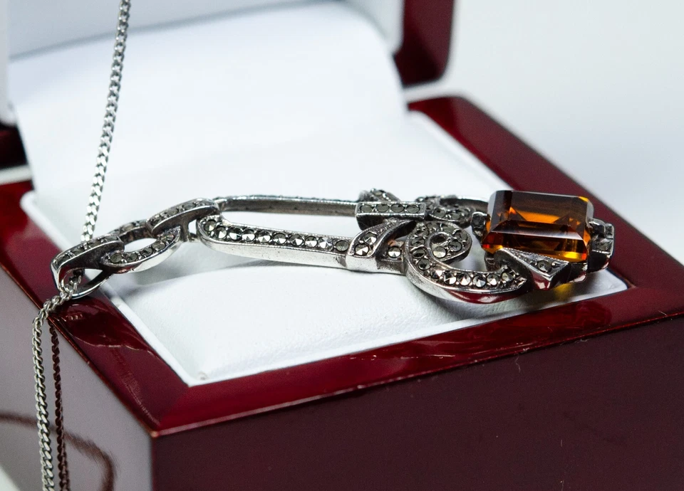 935 Argento - Antico Grande Art Deco Rimorchio - Citrino E Markasite - Immagine 4 di 4