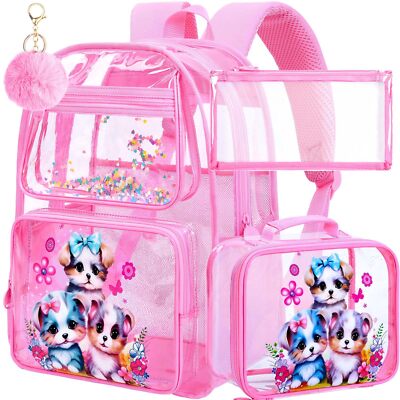 3PCS Clear Backpack for Girls See Through Backpacks for Kids with Lunch Box H...