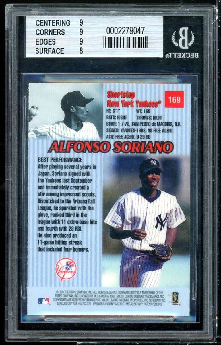 Alfonso Soriano Rookie Card 1999 Bowman's Best #169 BGS 8.5