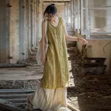 2025 Summer Handmade Cotton Dress Women's Buckle Chinese Loose Sleeveless Dress