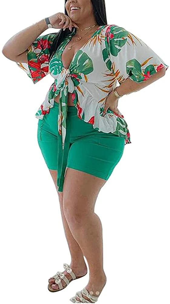 Plus Size 2 Piece Outfits for Women Summer Boho Ruffle Crop Top Shorts Set Flora