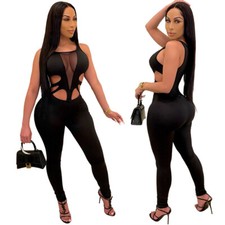 Women Halter Backless Solid Color Hollow Out Bodycon Club Party Slim Jumpsuit