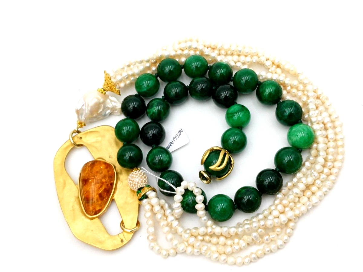Set Di 3 Pendenti Oblunghi In Bornite E Rame Con Dettagli In Giada Verde E Oro Artificiale - Yuteng