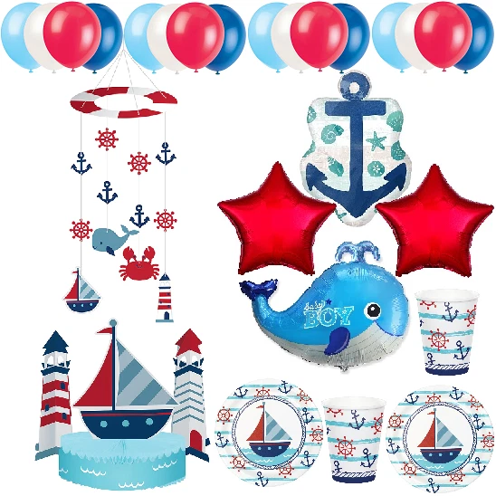 NAUTICAL BABY SHOWER DECORATIONS BALLOONS ANCHOR WHALE CENTERPIECE PLATES  CUPS