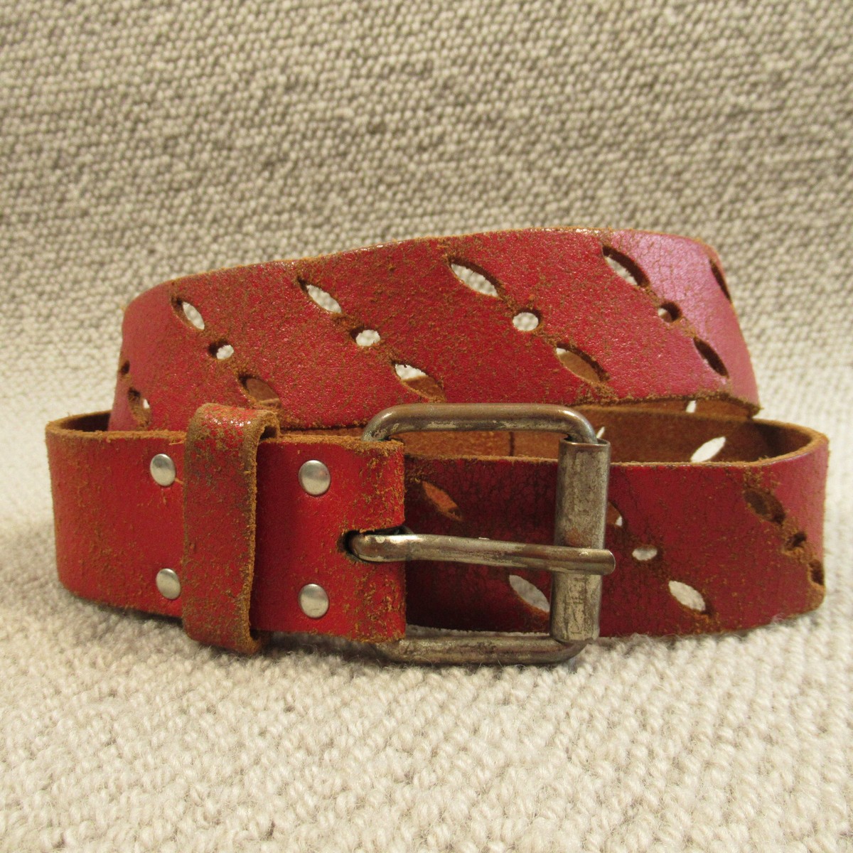 Leather Belt Size 36 Large Red Solid Vintage Patina 7220