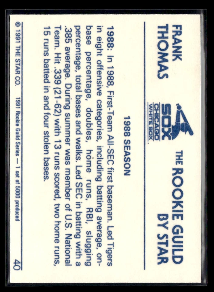 1991 Star The Rookie Guild #40 Frank Thomas RC - Image 2 of 2