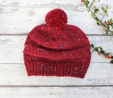 Bobble Hat Knitted Red Tweed – Women’s Winter/Autumn Beanie Cap