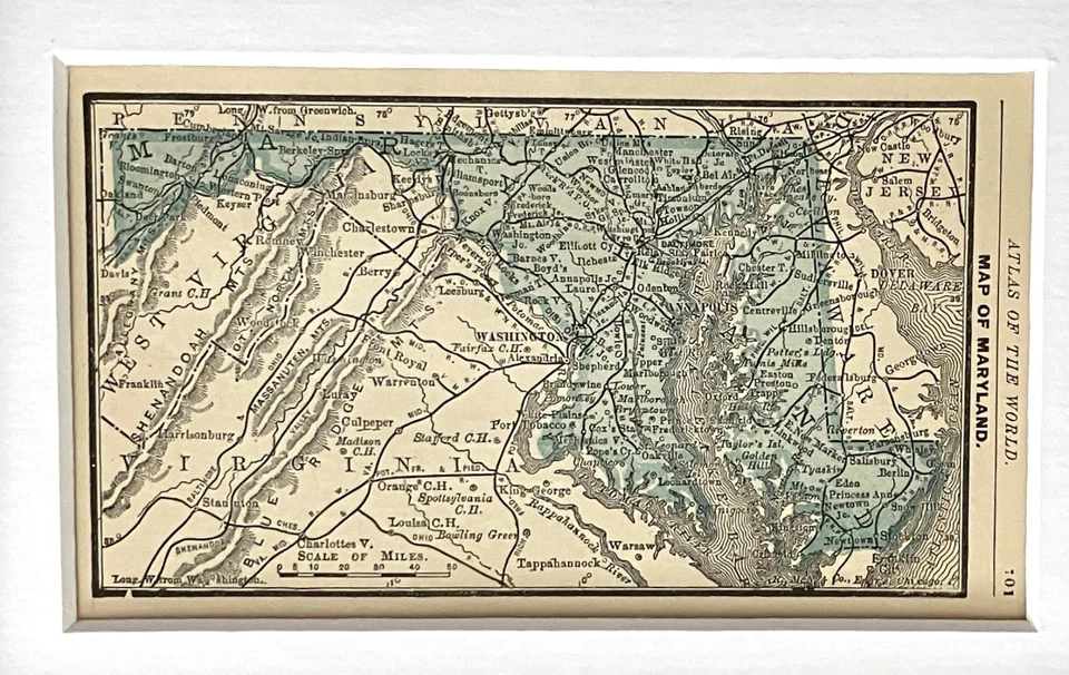 Mapa antiguo enmarcado original del estado de Maryland de 1888 pequeño mapa vintage de Maryland Foto 2 de 3