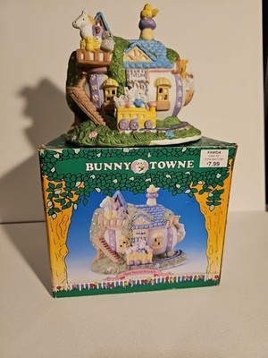 Vintage Bunny Towne Hand Painted Porcelain Egg Toy Shop Bunny Village
