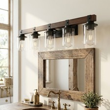 35'' Vanity Light LED 5 Lights Glass Shade Wood for Bathroom Mirror Wall Fixture