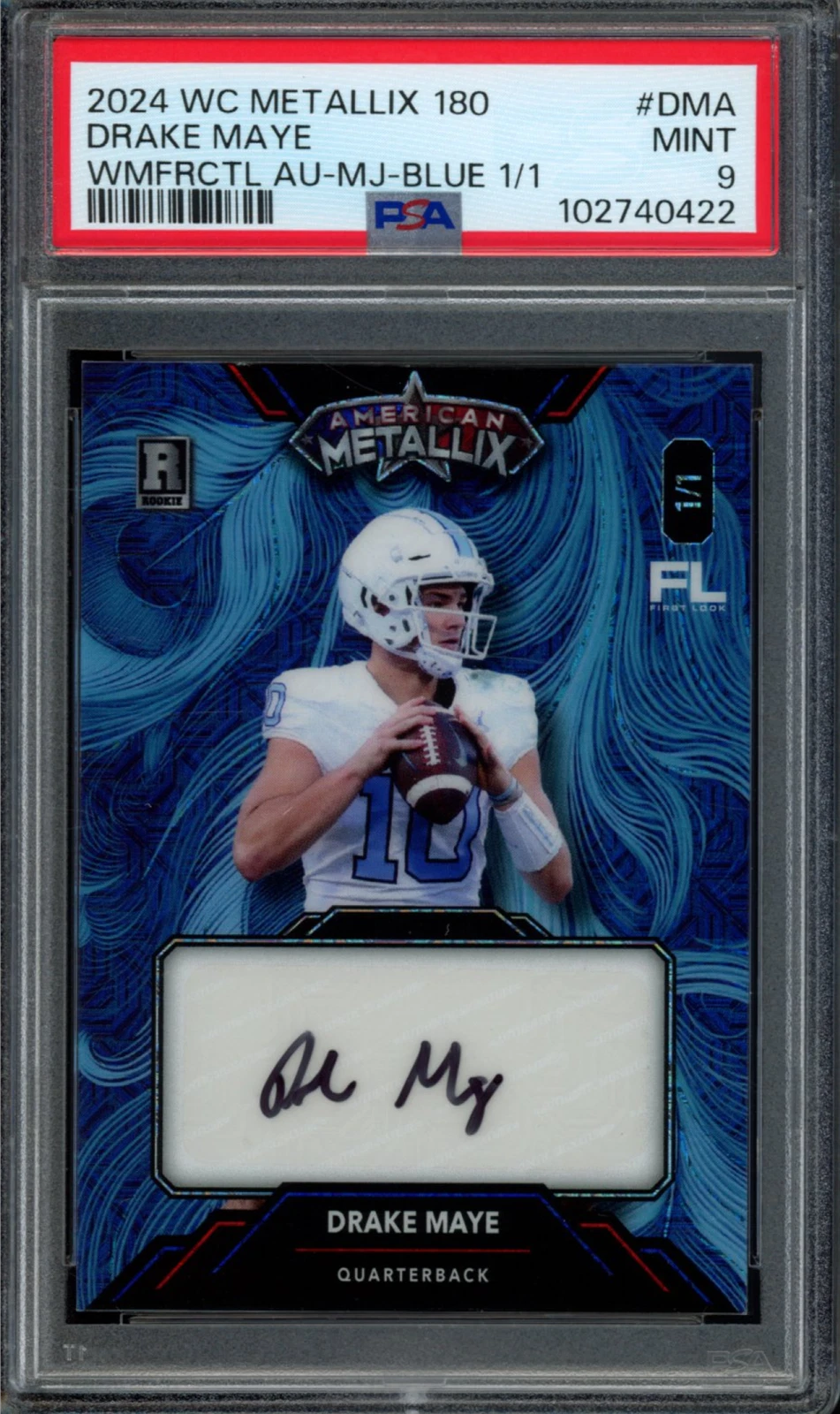 Drake Maye Wild Card American Metallix Promo Pro-Look 180 Wildmegafractal Autographs #DMA Mojo Foil-Blue 1/1