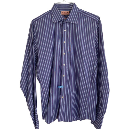 Thomas rosa blau gestreiftes Popeline Herren Button Down Hemd Slim Fit französische Manschette 17,5 - Bild 1 von 6
