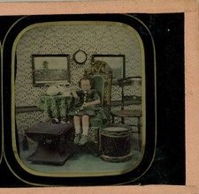 Young Girl Napping in Chair Tea Set Home Interior Ambrotype stereoview c1855