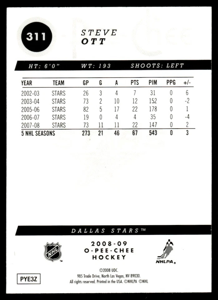 2008-09 O-Pee-Chee Gold Steve Ott Dallas Stars #311 - Image 2 of 2