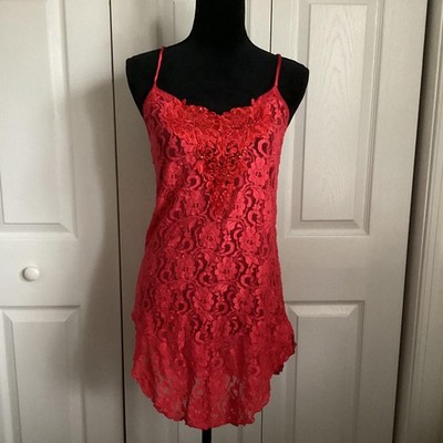 Etonne By Sarah Richards Slip Dress Womens S Red Lace Floral Beaded Fairy Sexy