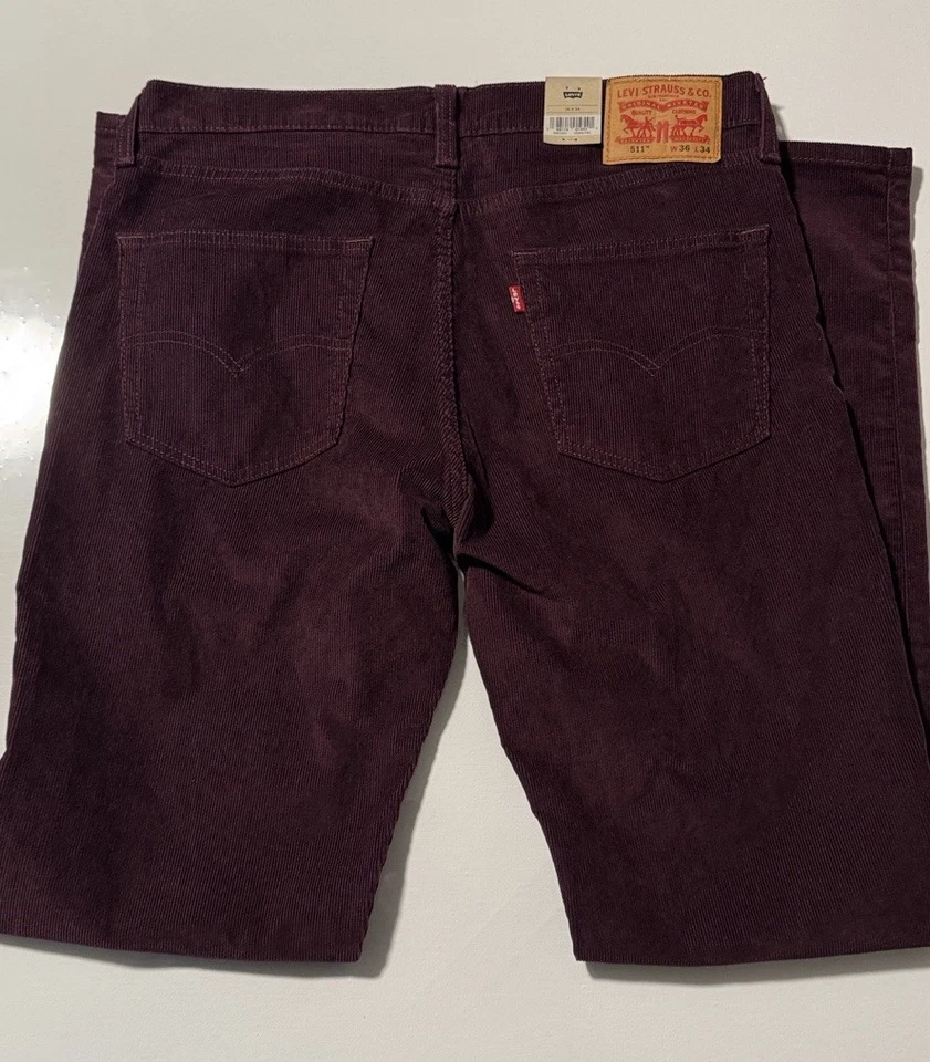 Pantalones de pana Levis para hombre 36 34 511 ajustados borgoña Foto 3 de 4