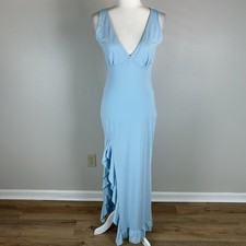 Maxi Dress L Light Blue Ruffle V-neck Babydoll Slit Wedding Guest Event Mermaid