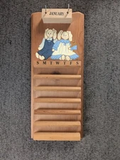 VTG Wooden Perpetual Wall Calendar- Sock Bunny Only Month Tiles. Kitchen Cottage