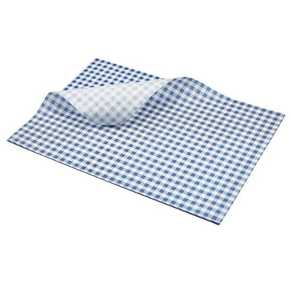 Greaseproof Paper Blue Gingham Print For Buckets Baskets Serving Cones 35 x25cm