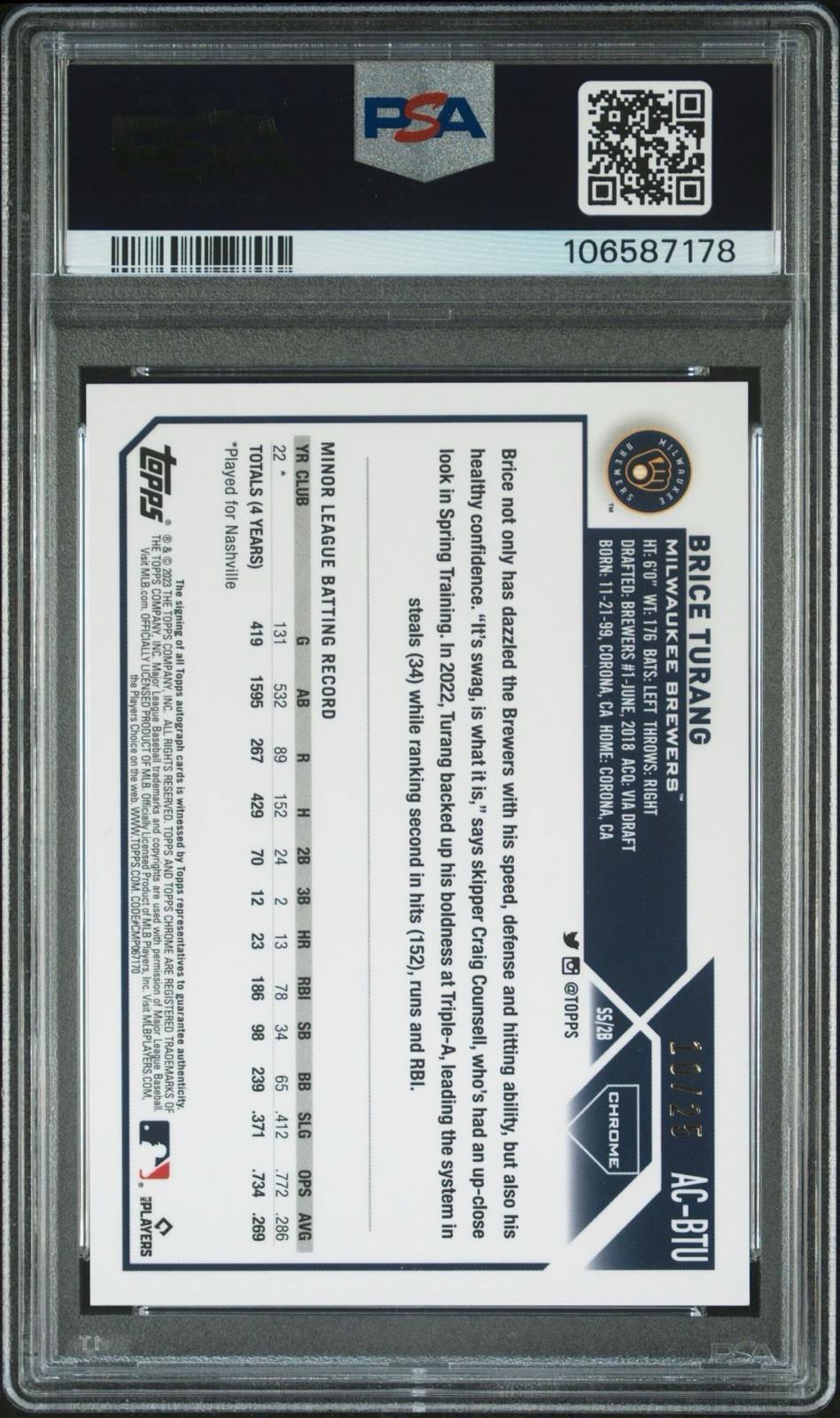 2023 Topps Chrome Update Brice Turang True Orange Rookie Auto PSA 10 Brewers view 2
