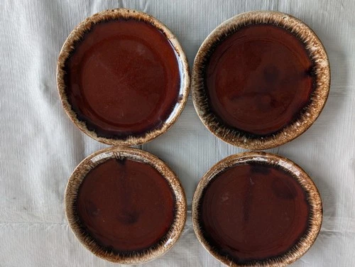 Vintage Set of 4-Hull Oven Proof Brown Drip 6.5" Plates, made in USA from 1960's