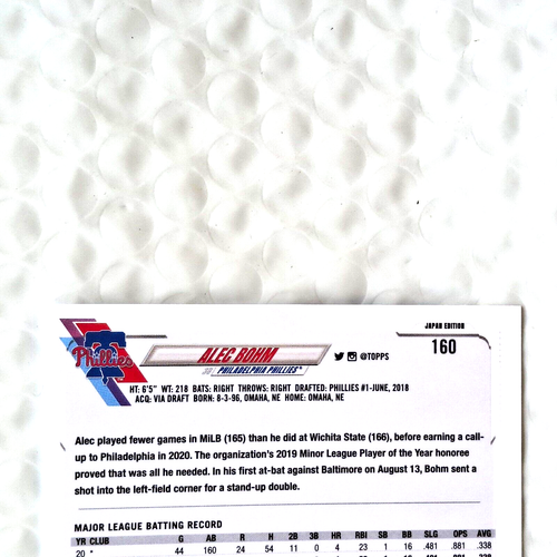2021 Topps Japan Edition - Alec Bohm - Rookie Card # 160 - NRMNT/MINT - Picture 5 of 6