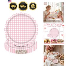 50PCS Pink Gingham Paper Plates, 9-Inch Scalloped Edge Disposable Party Dinne...