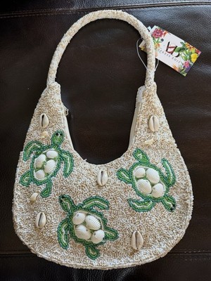 Beaded & Shells Turtle Purse Handbag Ivory Green Beach Resort Summer