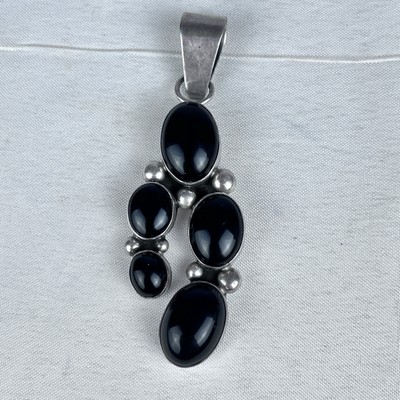 Vintage Sterling Silver Black Onyx Pendant Southwest Style Signed Mountain Mark