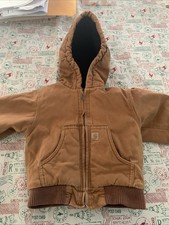 Carhartt Jacket Kids 2 Brown Canvas Hooded Full Zip Insulated Bomber Workwear