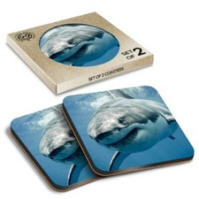 2 x Boxed Square Coasters - Great White Shark Ocean Diving  #8474