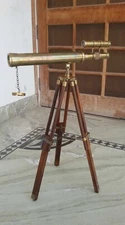 18" Antique Nautical Brass Double Barrel Table Top Telescope Wooden Tripod Stand