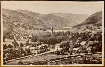 Irish Postcard GLENDALOUGH Seven Churches Wicklow Ireland Round Tower Carbotone