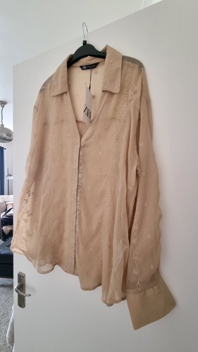 Bnwt Zara Semi-sheer Beige Embroidered Shirt Top Blouse Oversized XL Extra Large - Picture 10 of 16