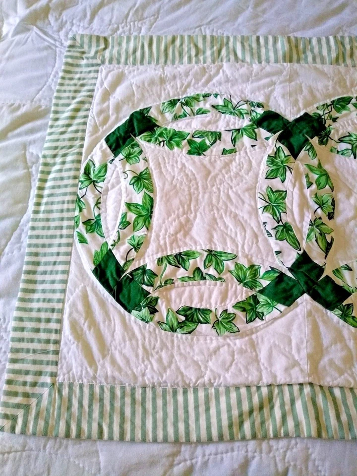 Винтажные арочные стеганые одеяла зеленый белый плющ и полоска стеганая наволочка 19 3/4 дюйма x 20,5 дюйма - Изображение 2 из 4