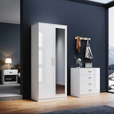 ELEGANT Bedroom Furniture Set High Gloss White Wardrobe Chest Of Drawer Bedside Cabinet