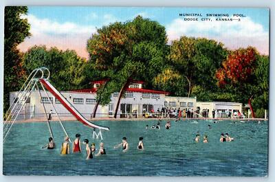 c1940's Municipal Swimming Pool Bathing Crowd Dodge City Kansas Vintage Postcard